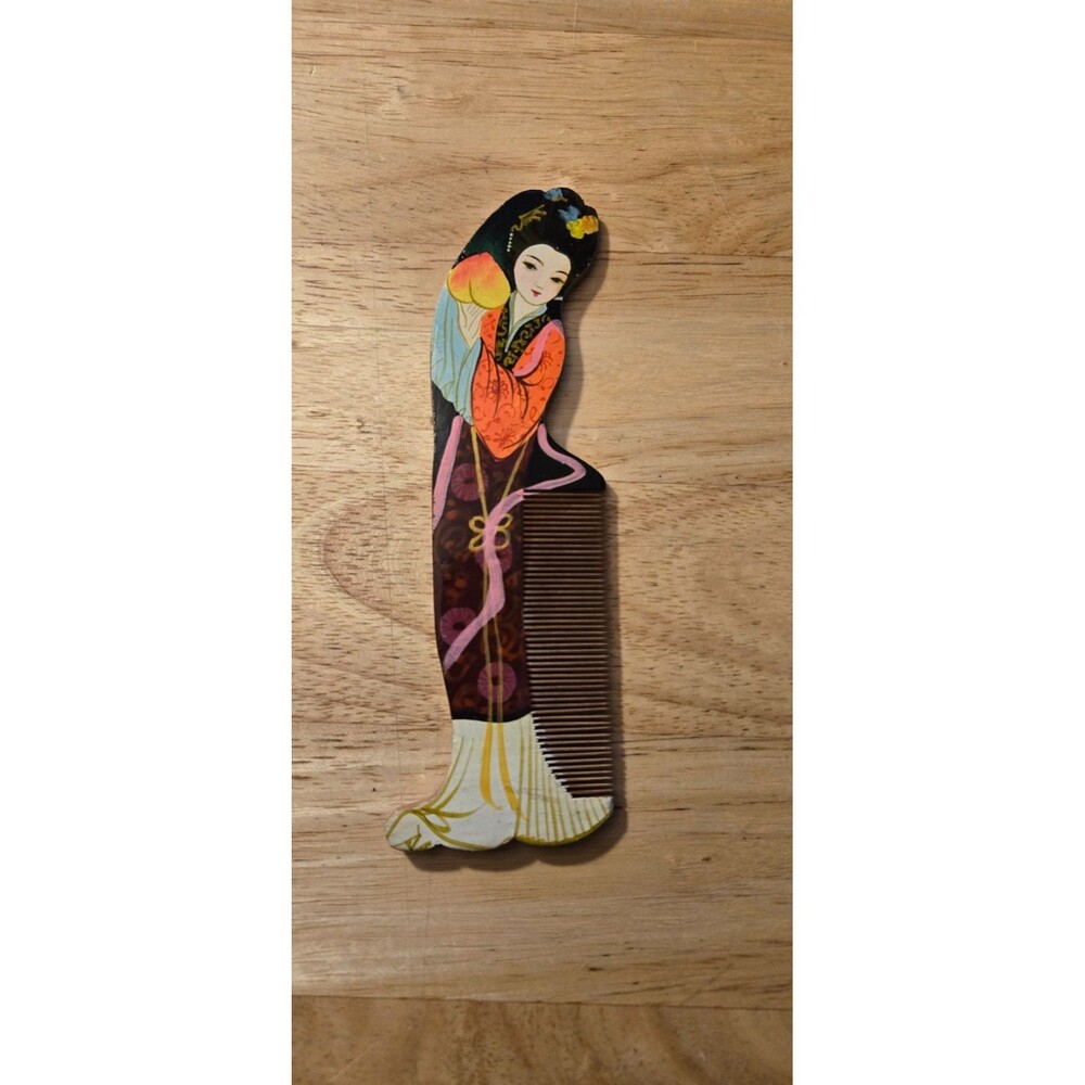 Vintage Gong Shu Ming Bi Geisha Chinese Wooden Comb Hand Painted With Box